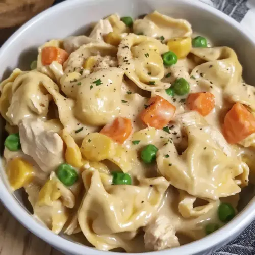 Crockpot Cheddar Chicken Pot Pie Tortellini