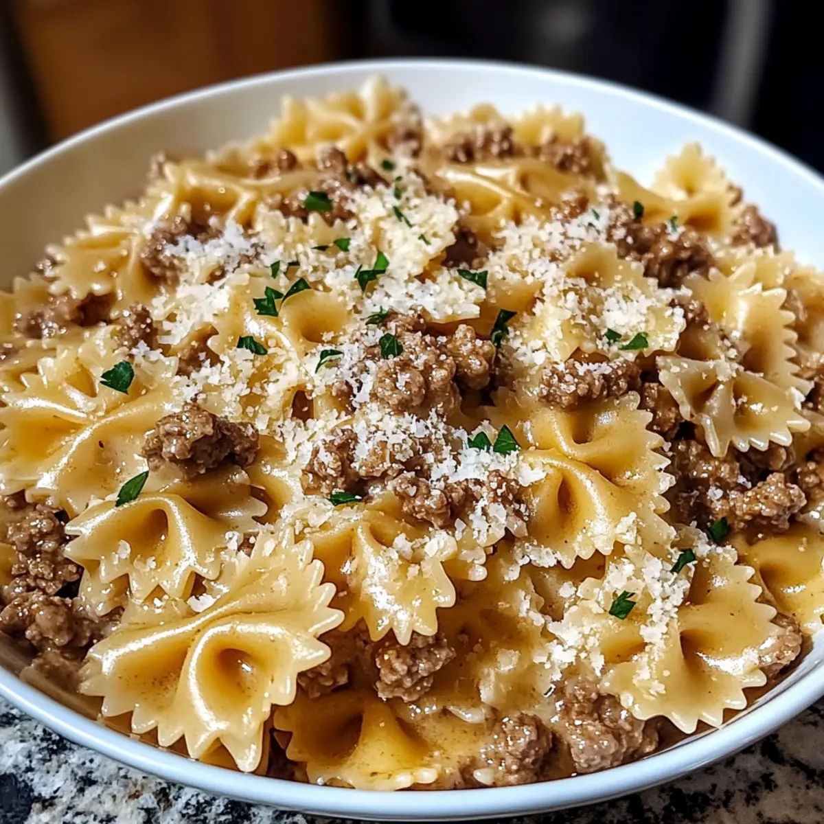 Parmesan Garlic Beef Bowtie Pasta