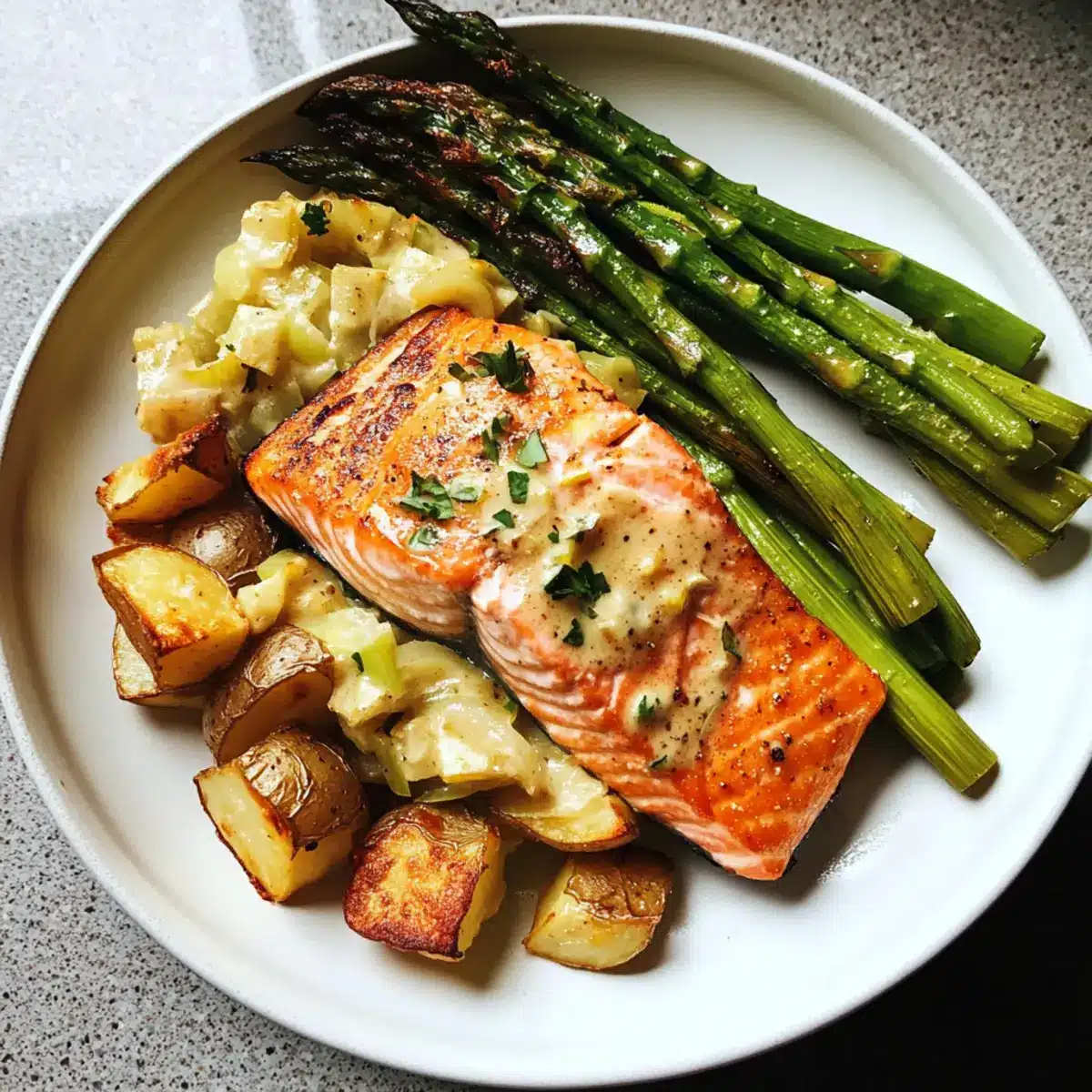 Spring Salmon with Creamed Leeks, Potatoes, and Asparagus